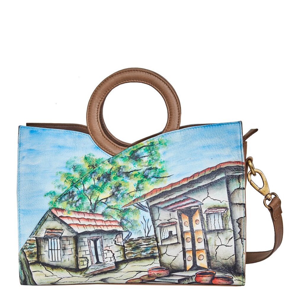 Leather Hand Painted Multicolour Tote Bag, Top Handle Satchel Handbag Purse